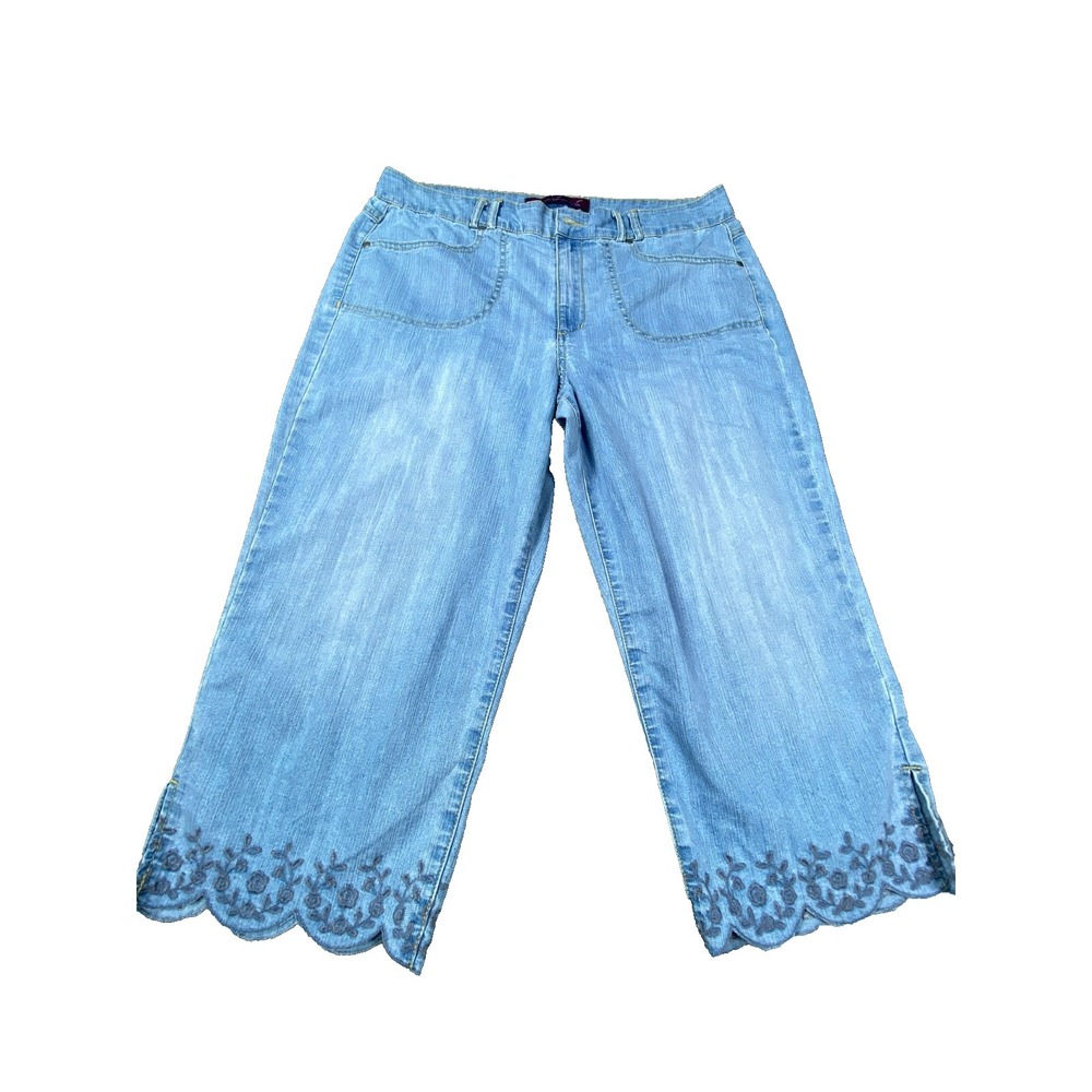 Gloria Vanderbilt Jeans Womens 14 Embroidered Scallop Hem Crop Capri Blue Denim